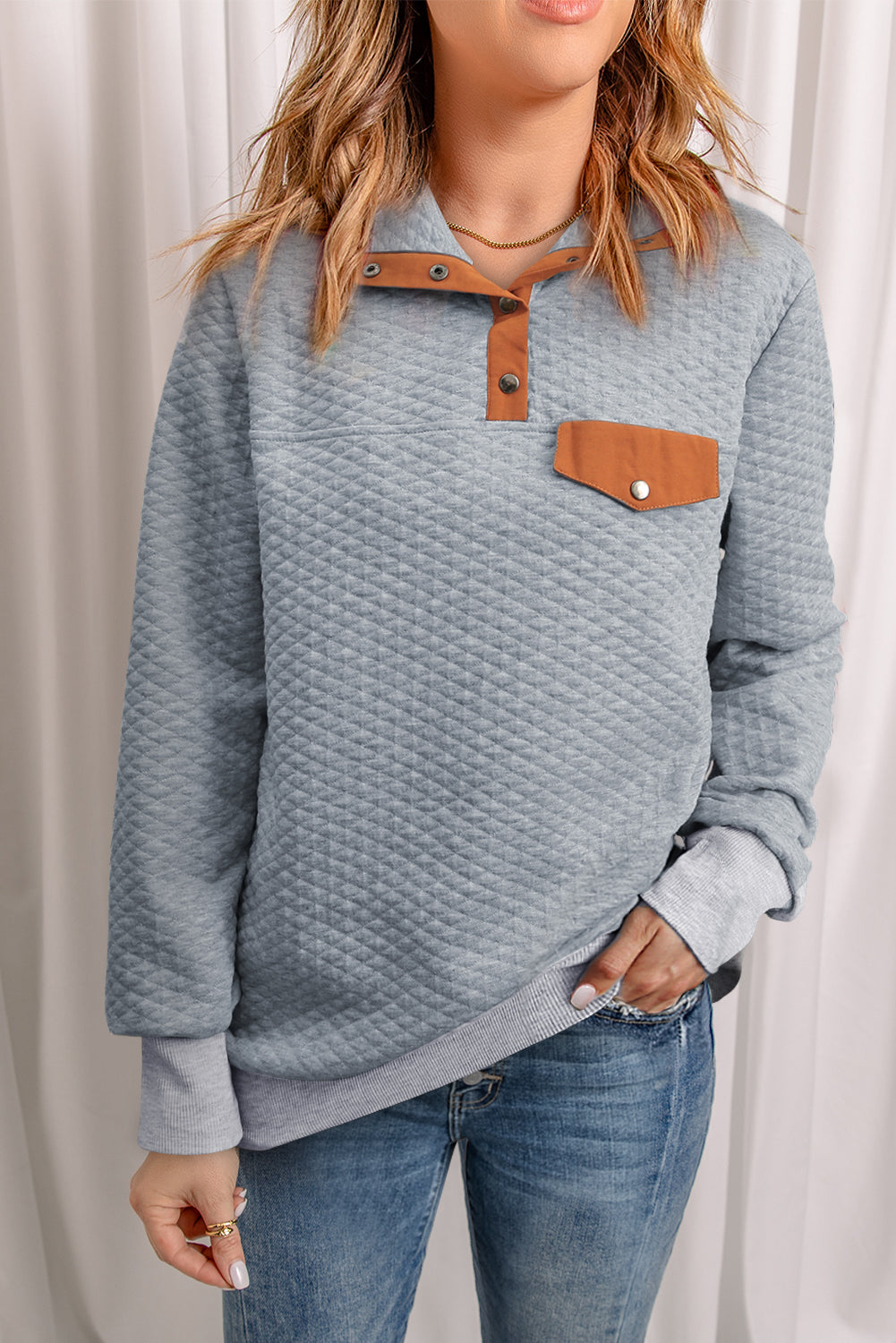 Gray Quilted Snaps Stand Neck Pullover Sweatshirt with Fake Front Pocket