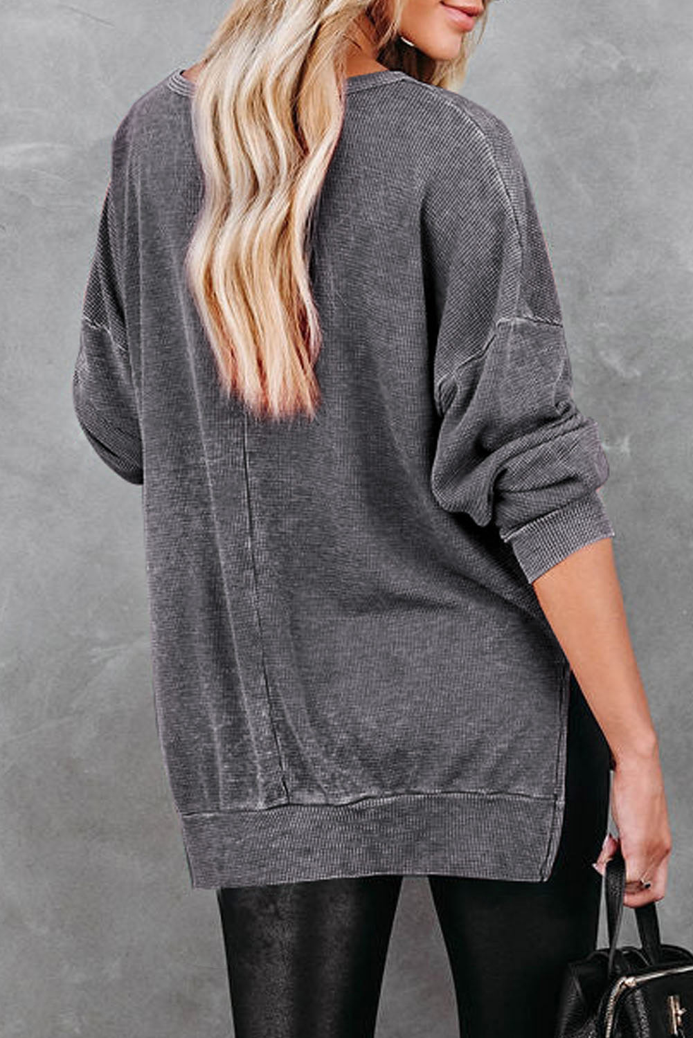 Gray Waffle Knit Side Slit Pullover Top