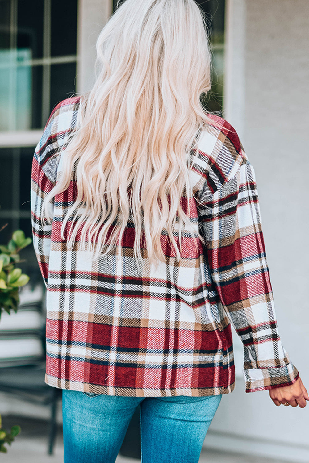 Fiery Red Geometric Plaid Print Pocketed Shacket