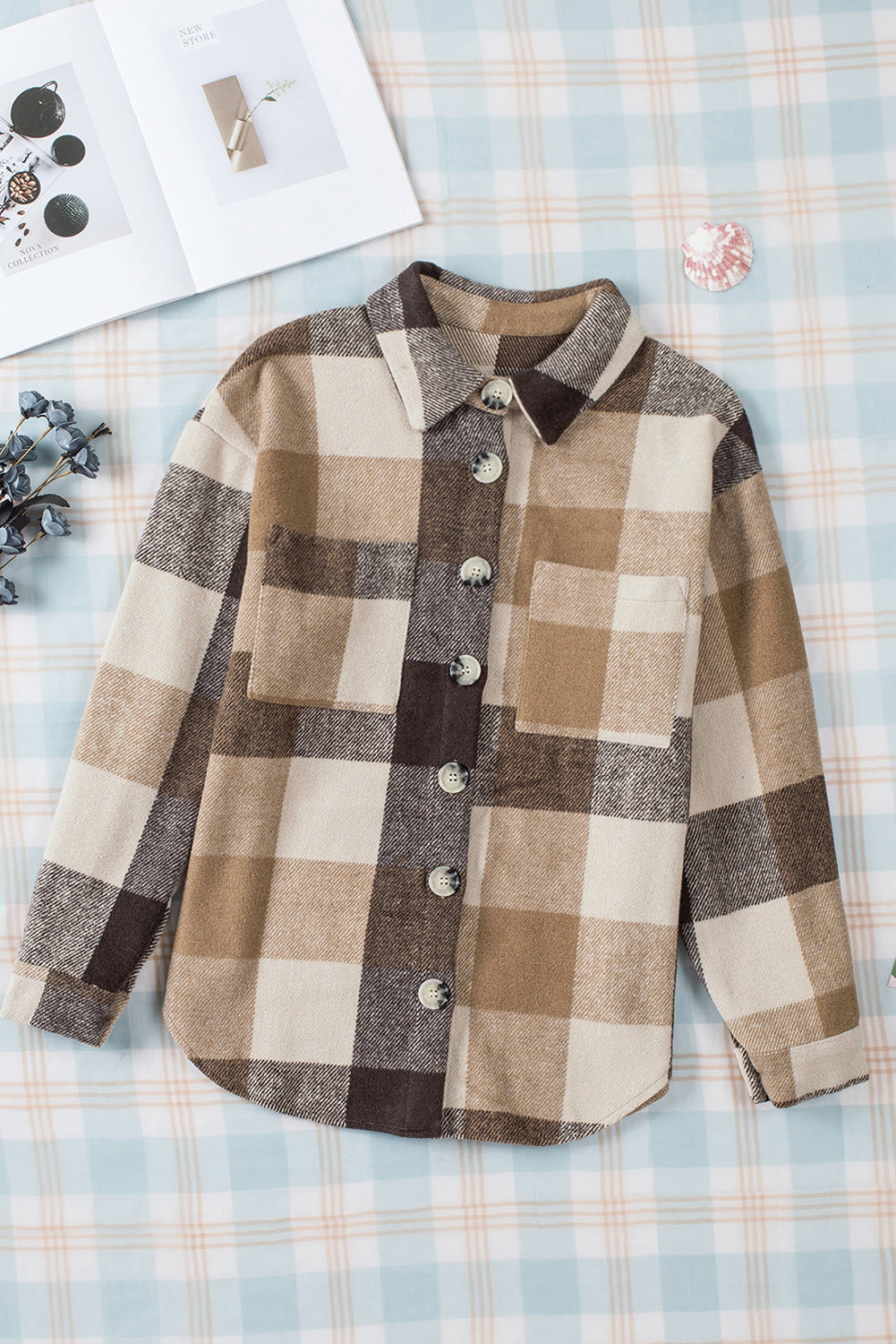 Khaki Plaid Color Block Buttoned Long Sleeve Jacket with Pocket