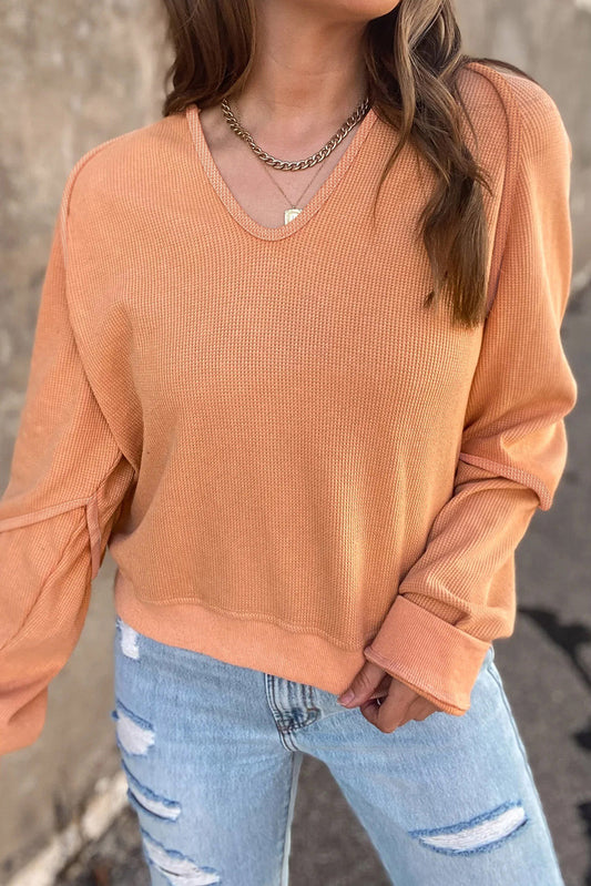 Orange Solid Long Sleeve V Neck Corded Top