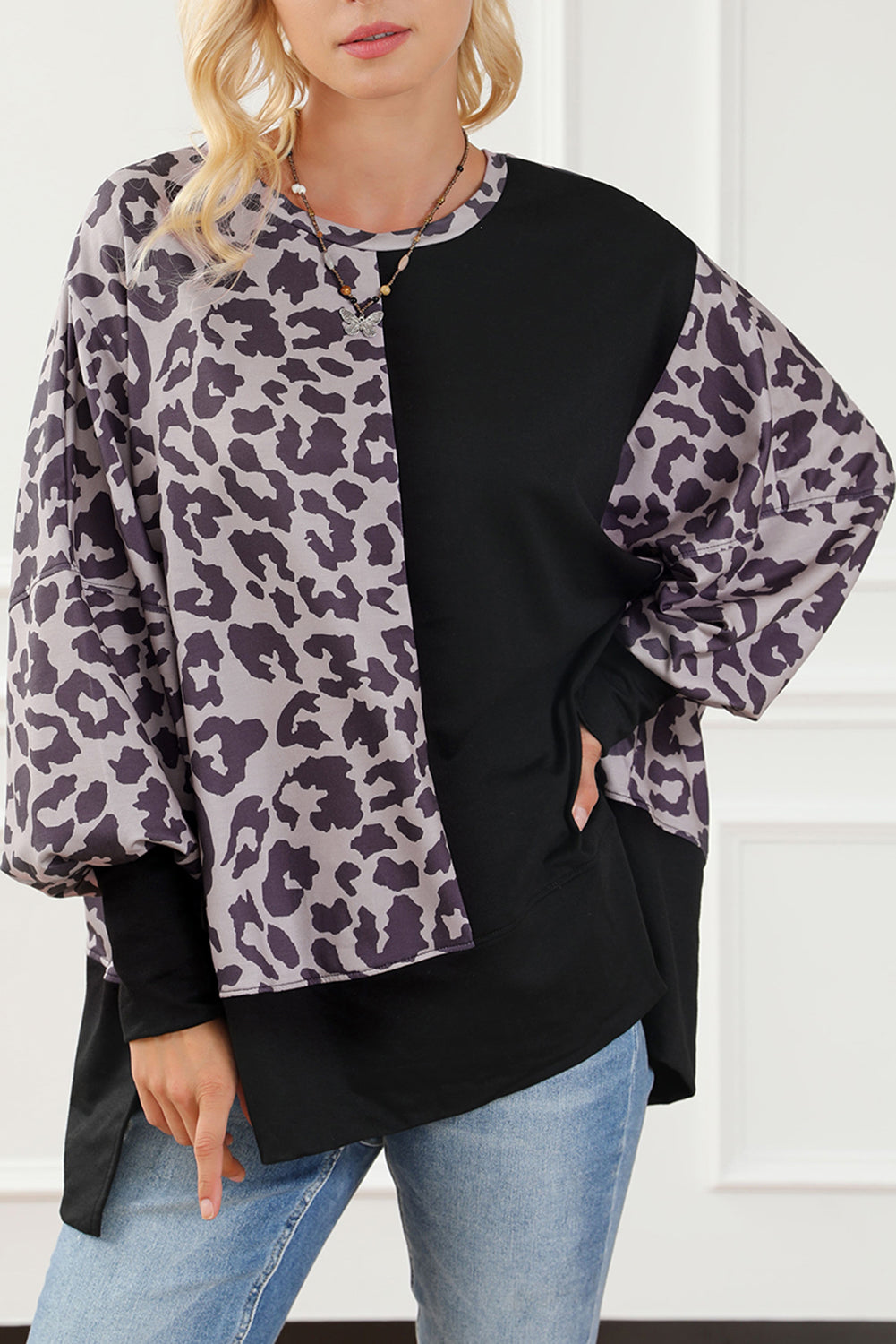 Black Leopard Patchwork Bishop Sleeve Slit Sweatshirt