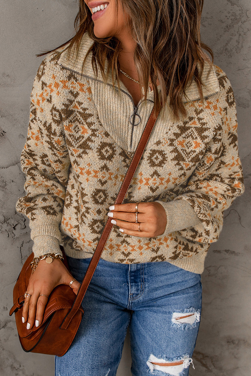 Khaki Aztec Knitted Drop Shoulder Zipped Sweater