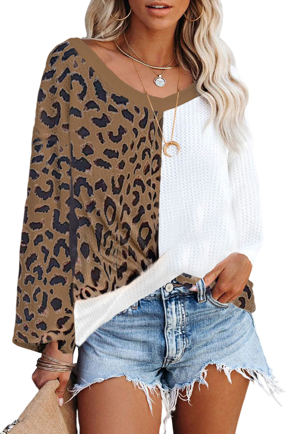 Brown Leopard Contrast Waffle Knit Twist Hem V Neck Top