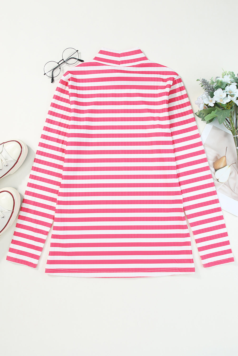 Strawberry Pink Striped Print Textured Knit Long Sleeve Tee