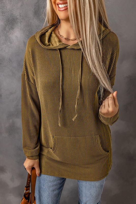 Green Ribbed Drawstring Pullover Hoodie with Kangaroo Pocket