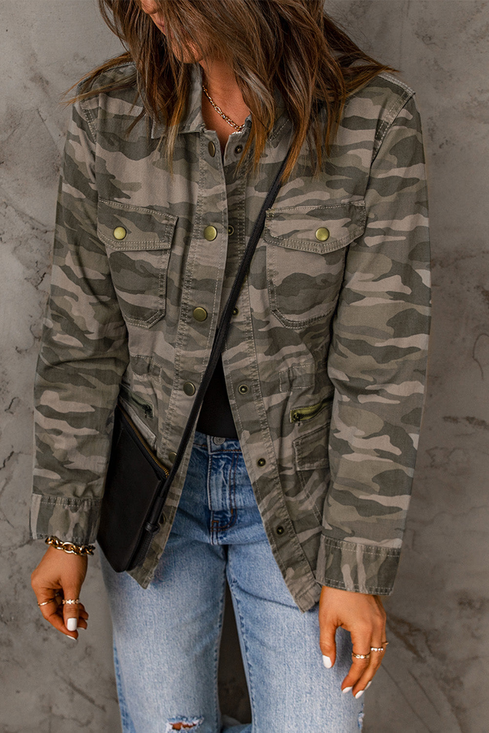 Green Camo Print Multi Pockets Button-up Jacket