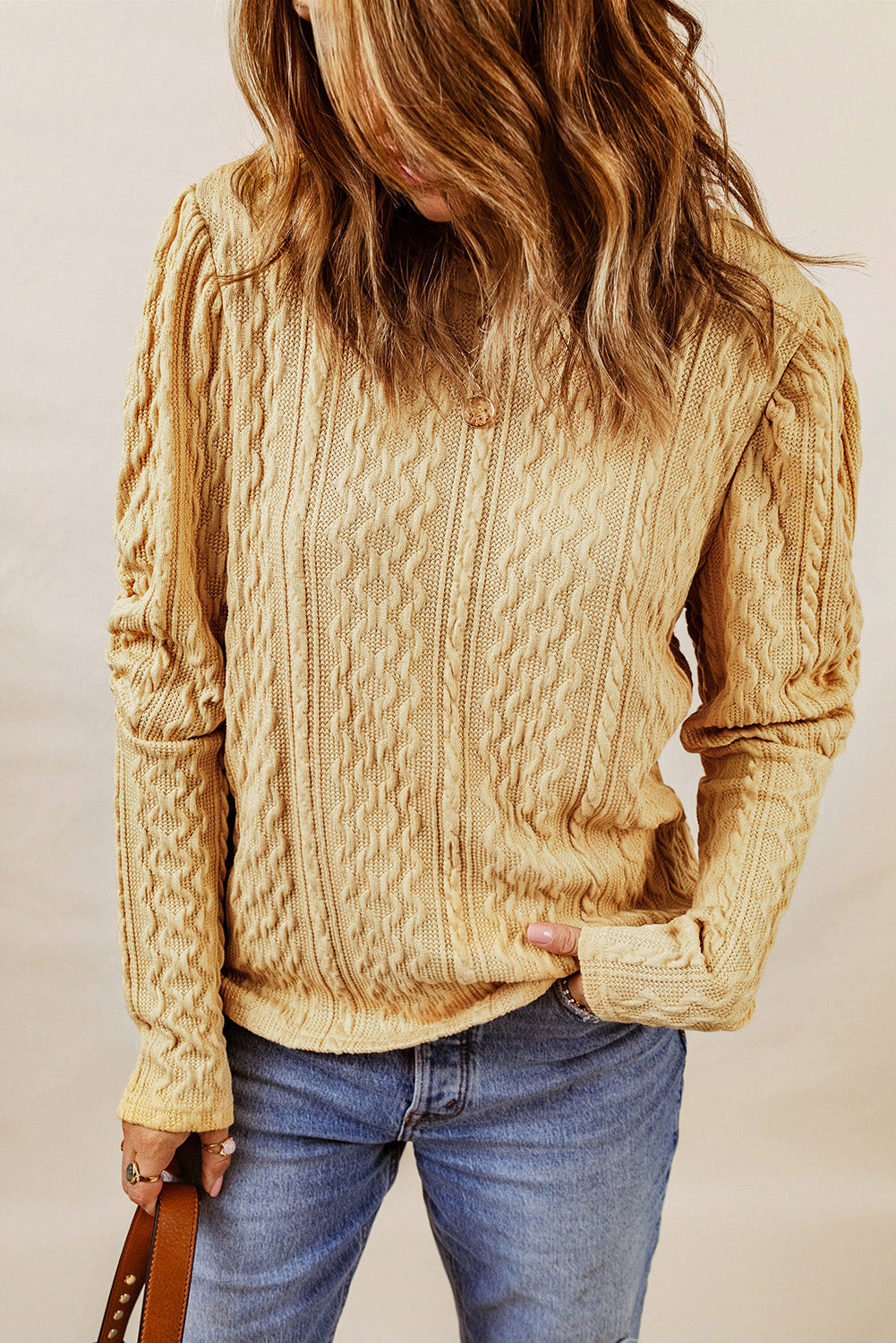 Khaki Solid Color Puffy Sleeve Textured Knit Top