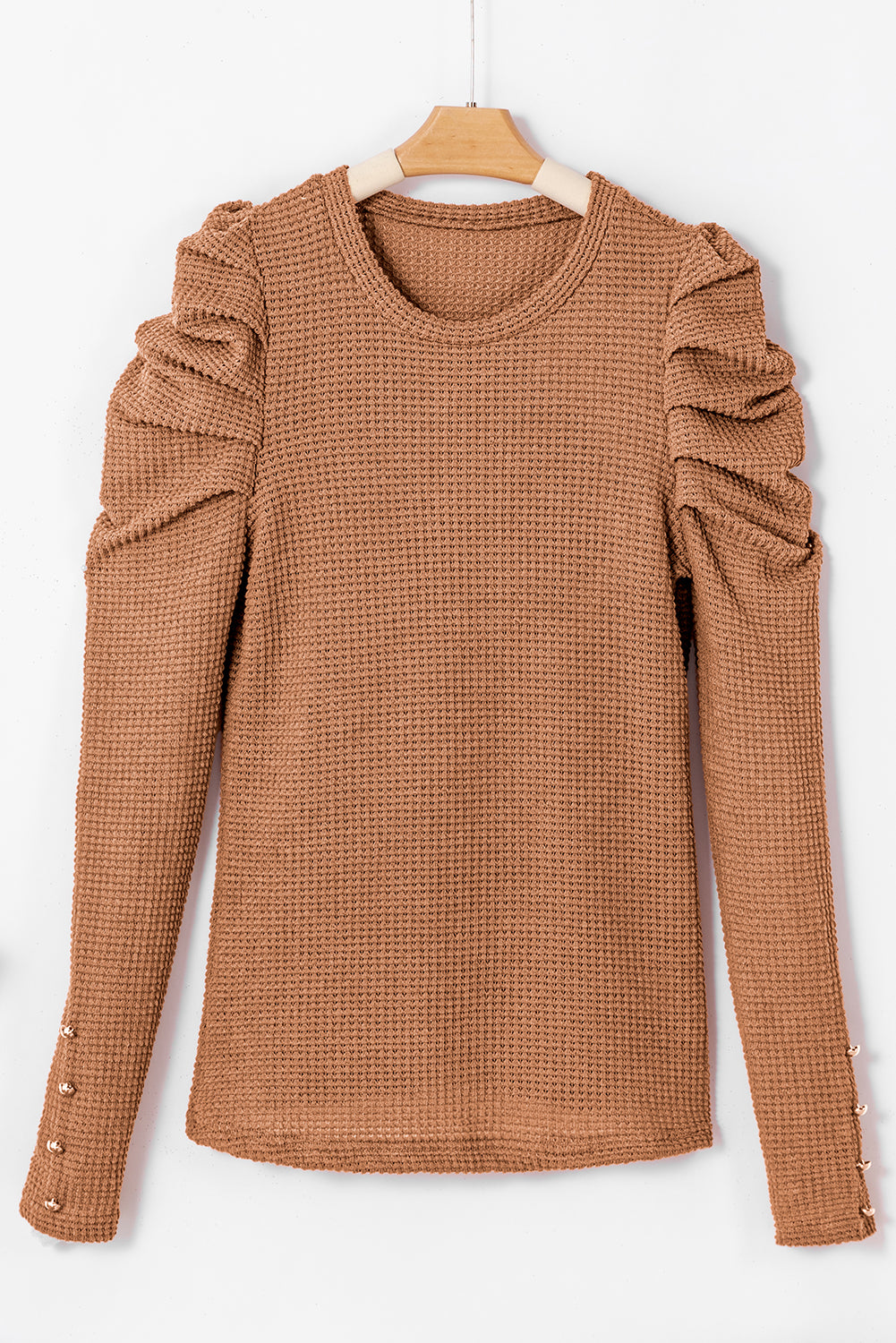 Chestnut Solid Color Textured Buttoned Gigot Sleeve Top