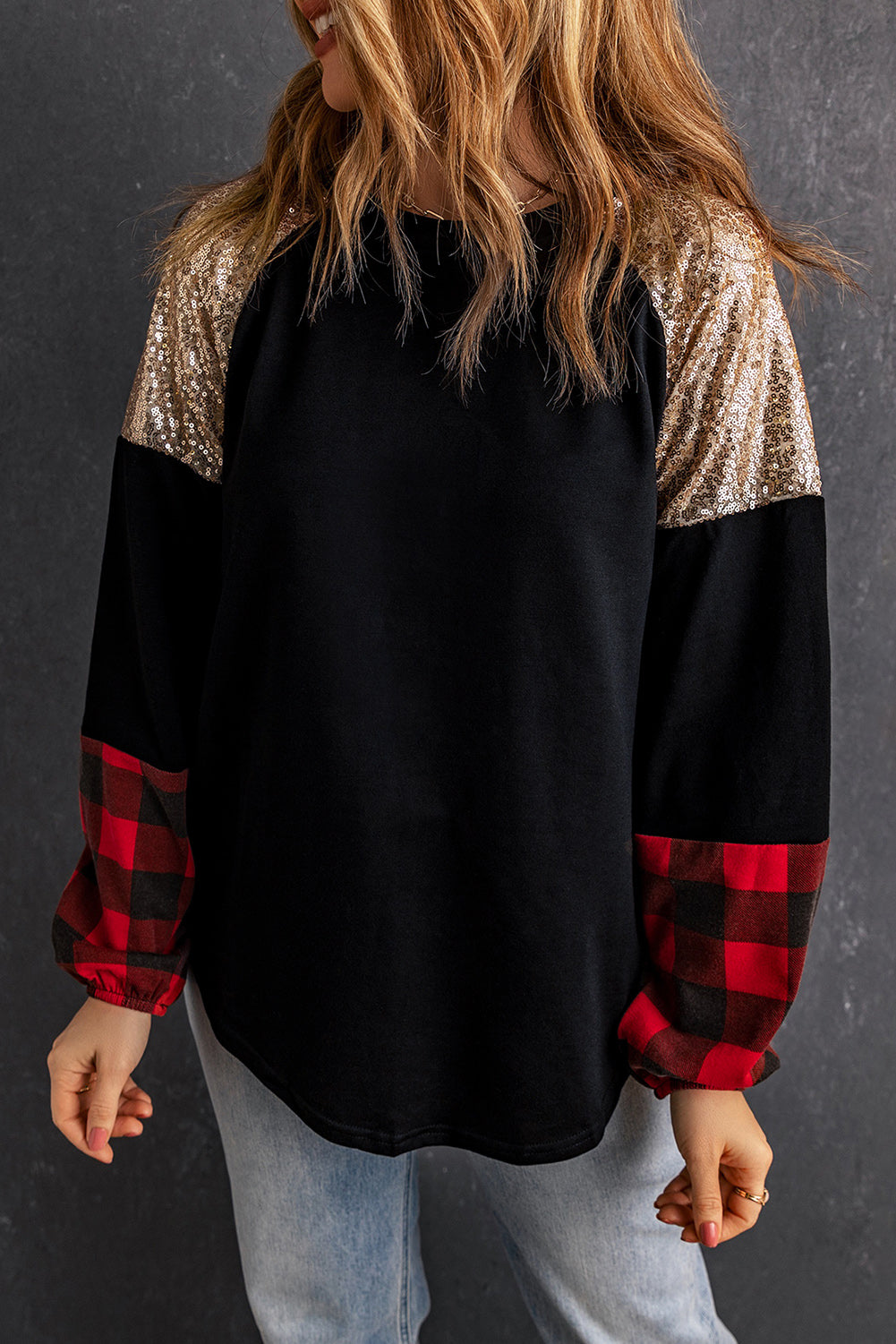 Black Crewneck Lantern Sleeve Plaid Sequin Splicing Blouse