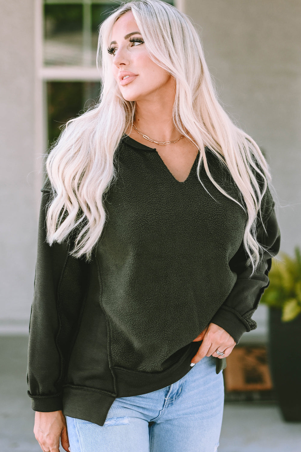 Green Expose Seam Detail Split Neck Long Sleeve Top