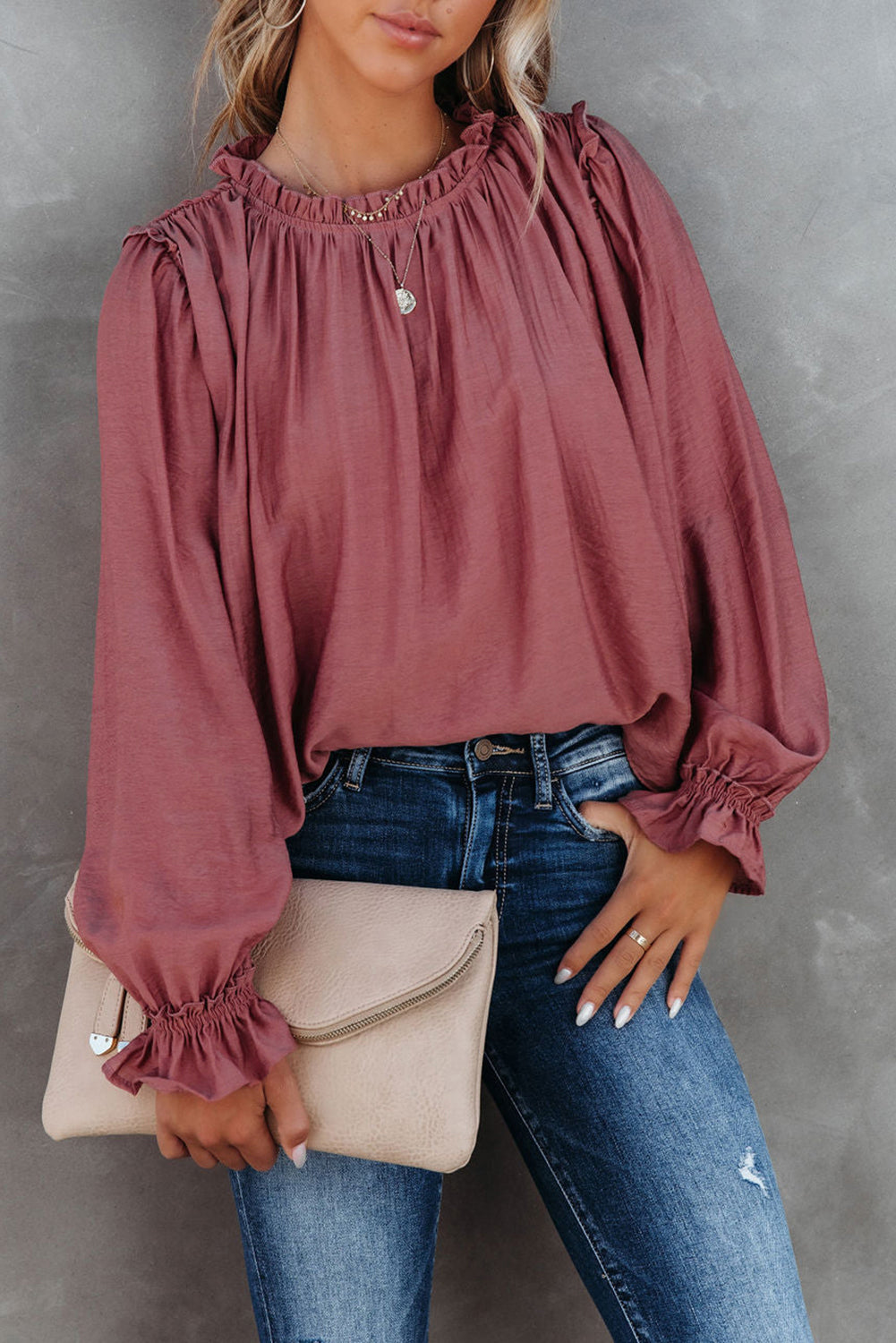 Fiery Red Frilled Neck Ruffled Long Sleeve Blouse