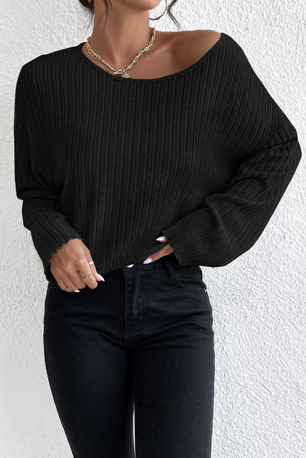 Black Lettuce Cuffs Drop Shoulder Loose Ribbed Knit Top