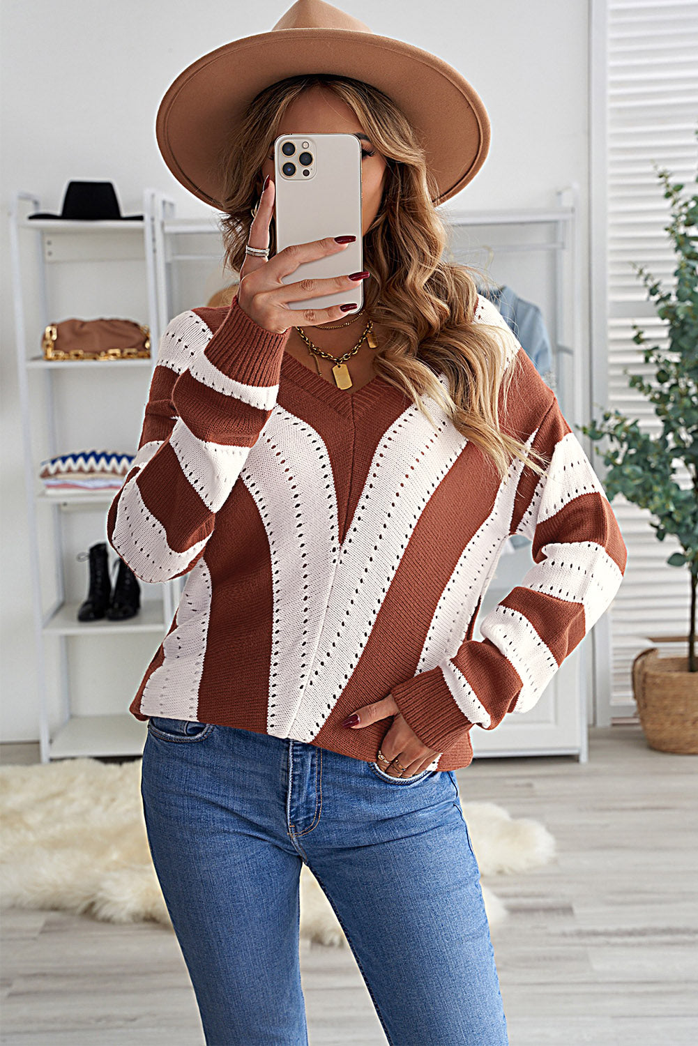 Brown Striped Colorblock V Neck Knitted Sweater