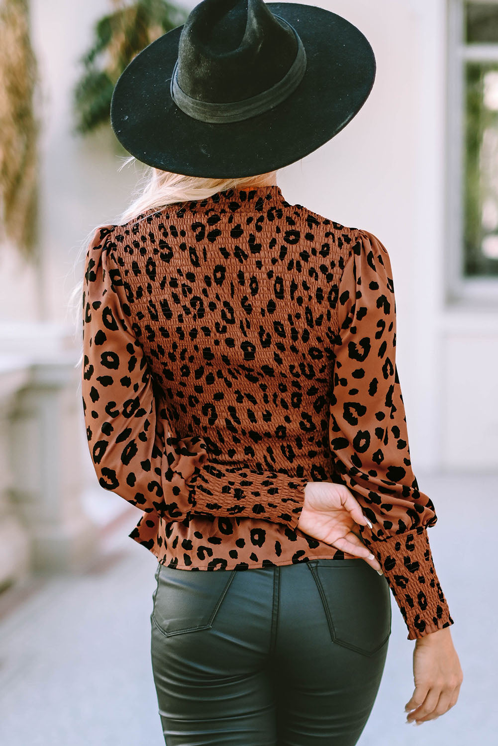 Brown Leopard Smocked Puff Sleeve Peplum Top