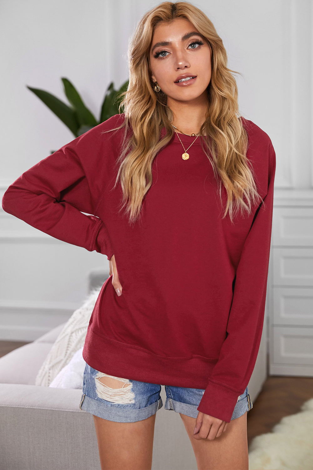 Wine Fiery Red Solid Crew Neck Pullover Sweatshirt