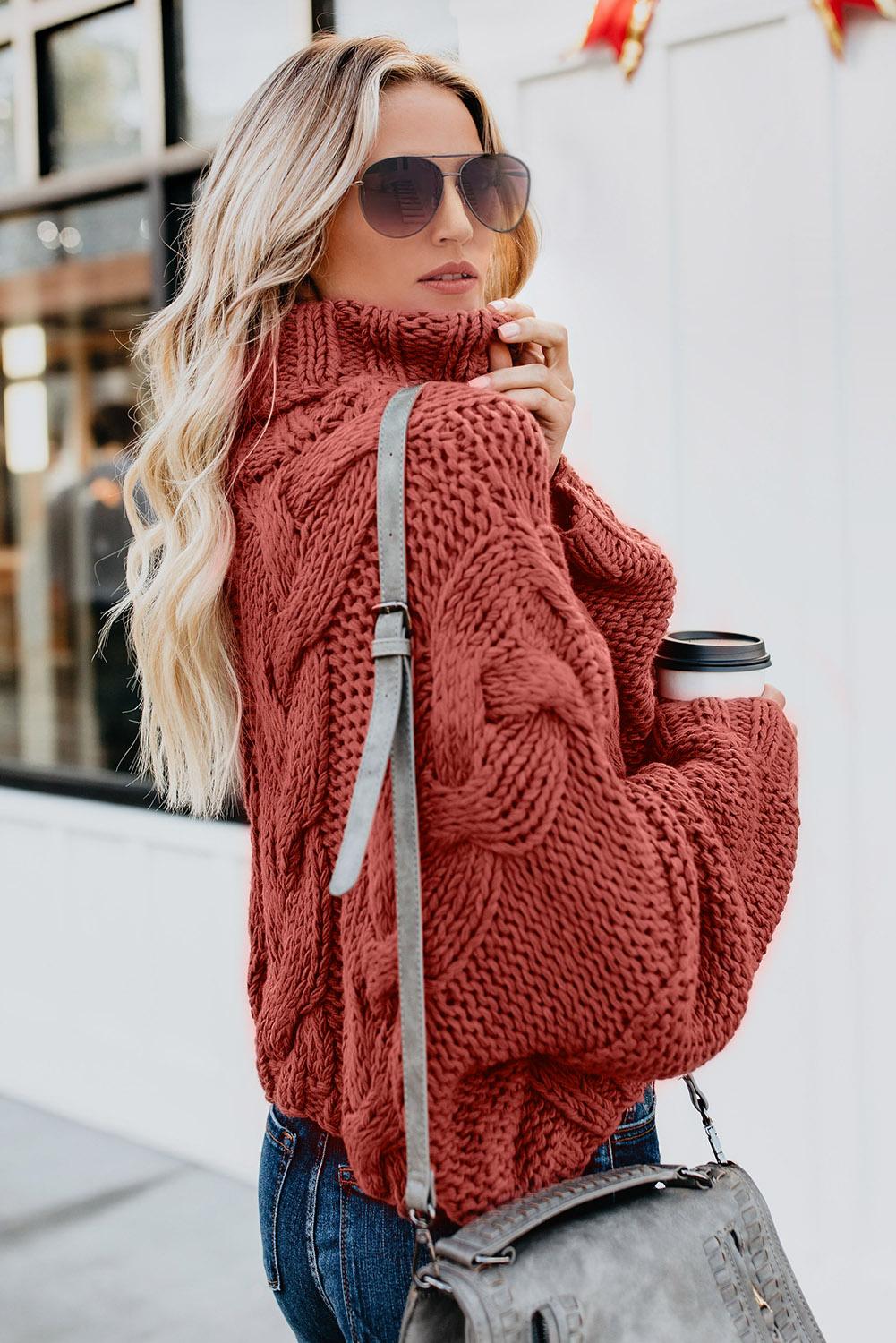 Fiery Red Cuddle Weather Cable Knit Handmade Turtleneck Sweater