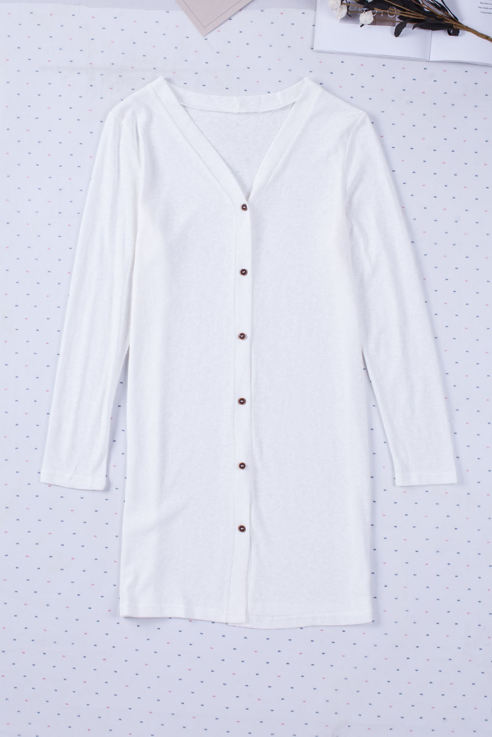 White Solid Color Open-Front Buttons Cardigan