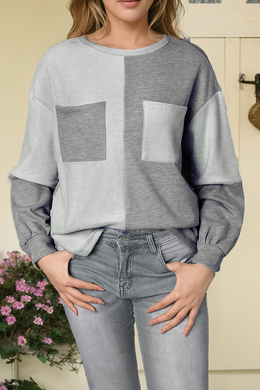 Gray Contrast Patchwork Double Chest Pocket Top