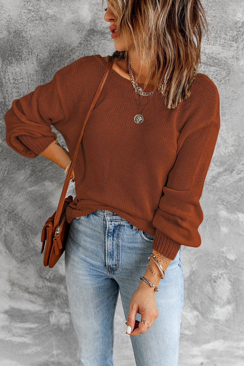 Orange Drop Shoulder Back Cut-out Sweater with Tie