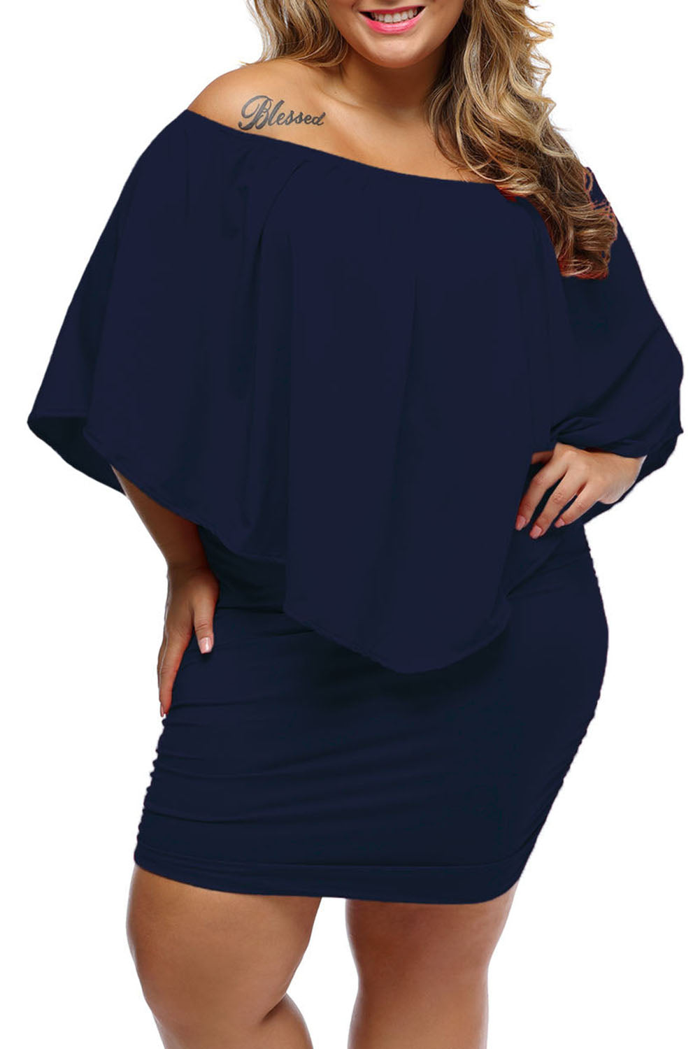 Plus size  Dressing Layered Dark Blue Mini Poncho Dress