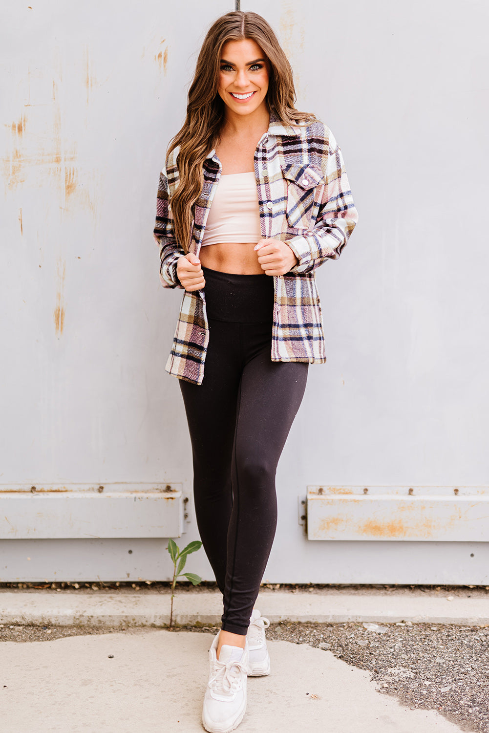 Pink Geometric Plaid Print Pocketed Shacket