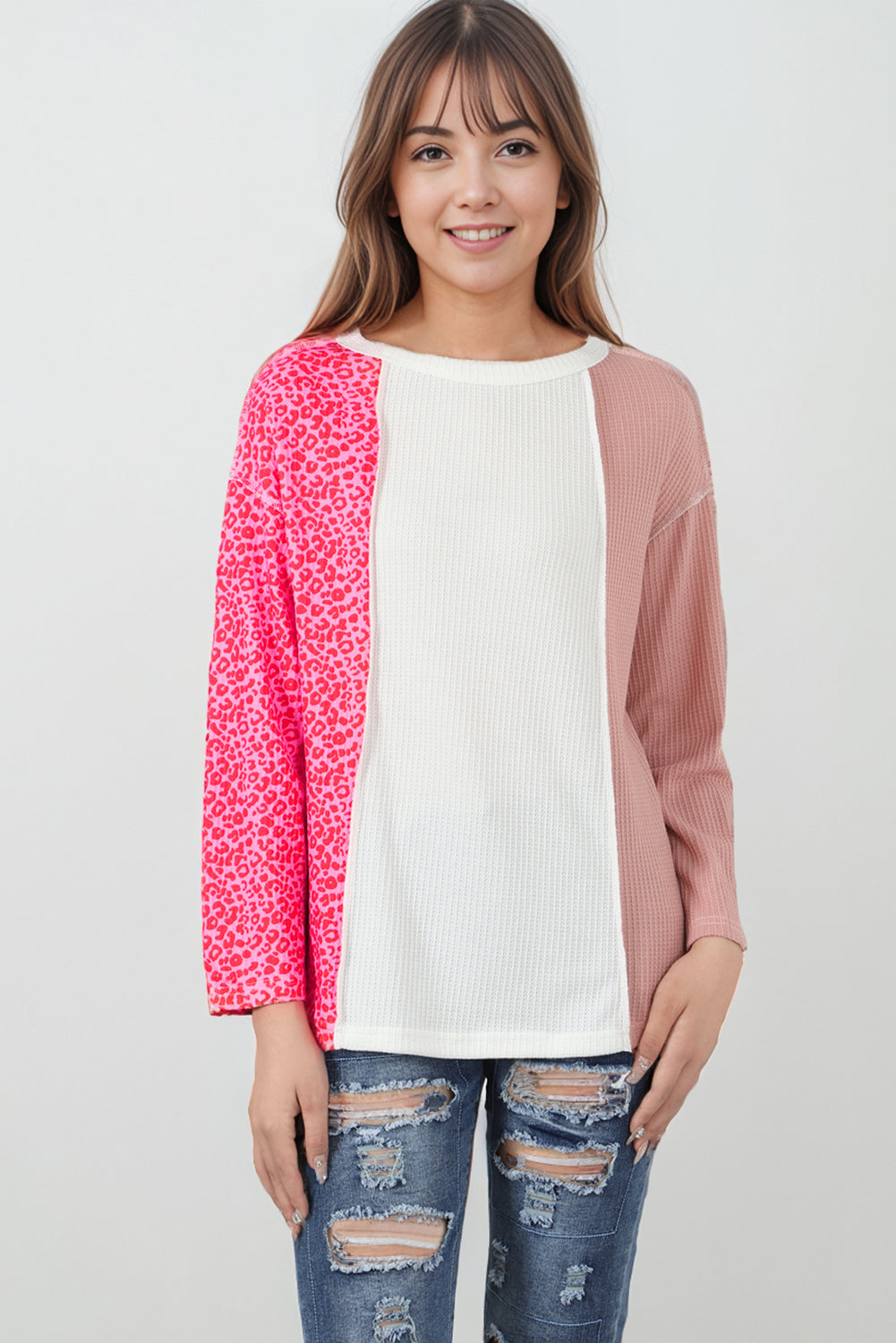 Pink Waffle Knit Exposed Seam Leopard Colorblock Print Top