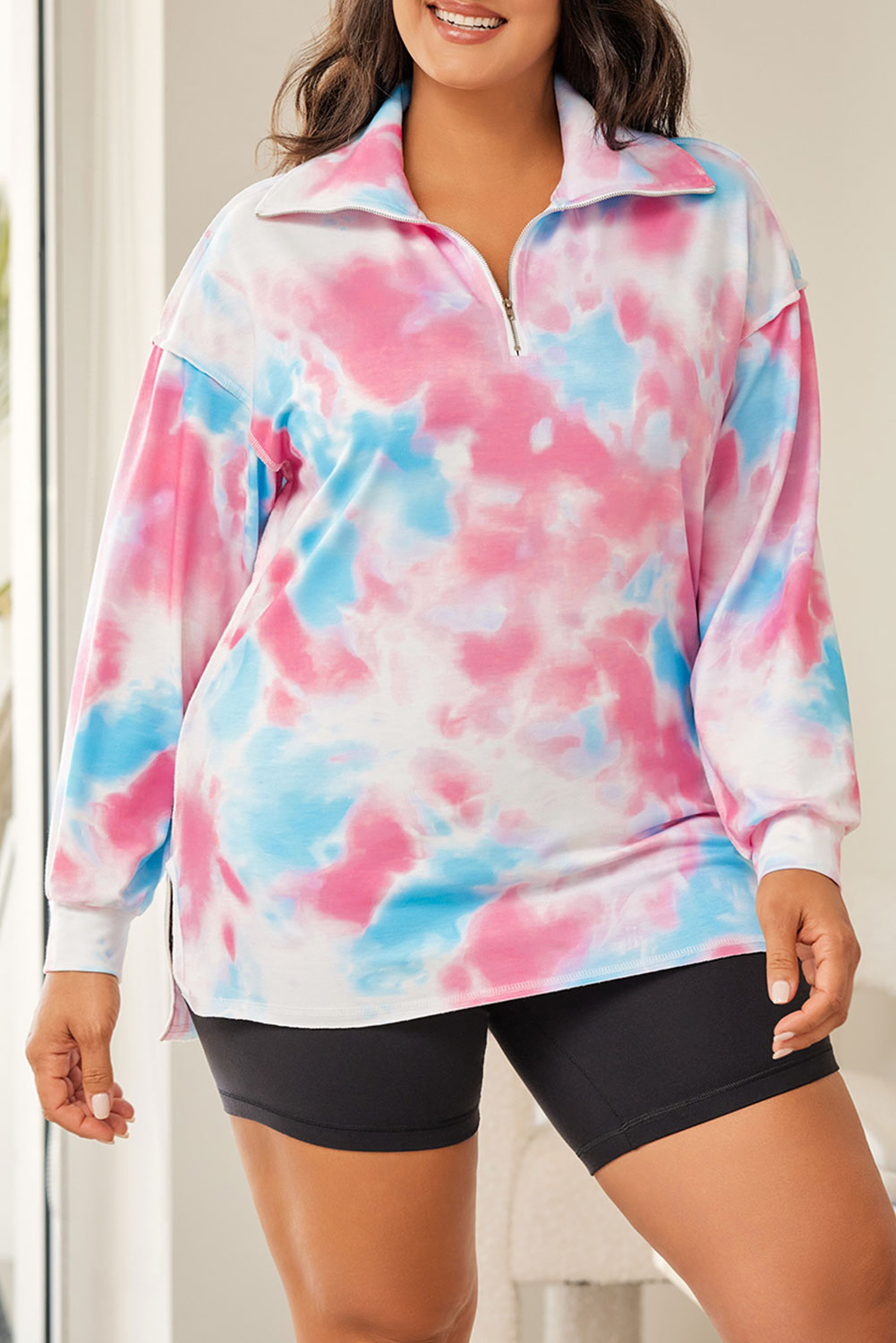 Multicolor Plus Size Tie-dye Zipped Collared Pullover Sweatshirt