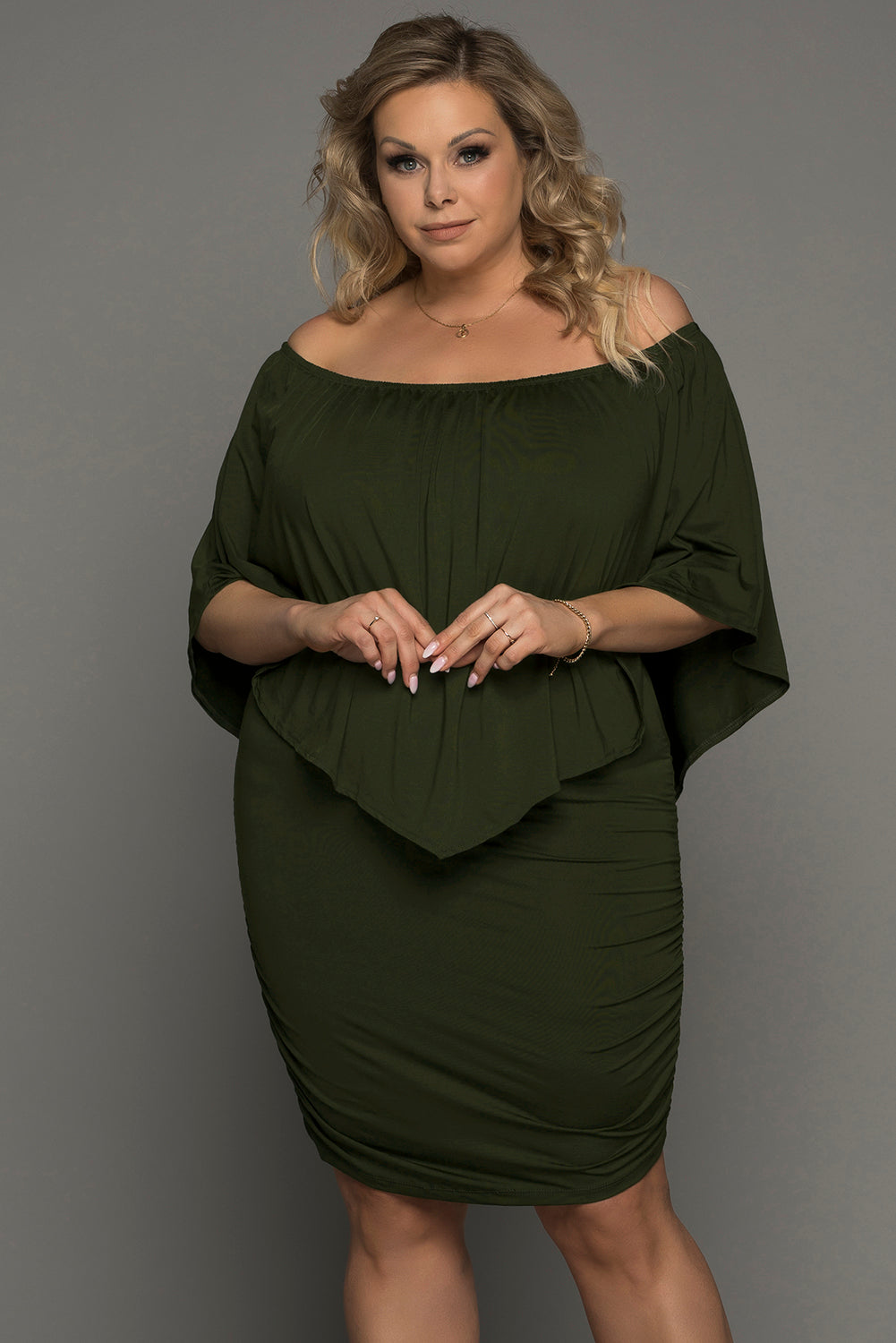 Plus size  Dressing Layered Army Green Mini Poncho Dress