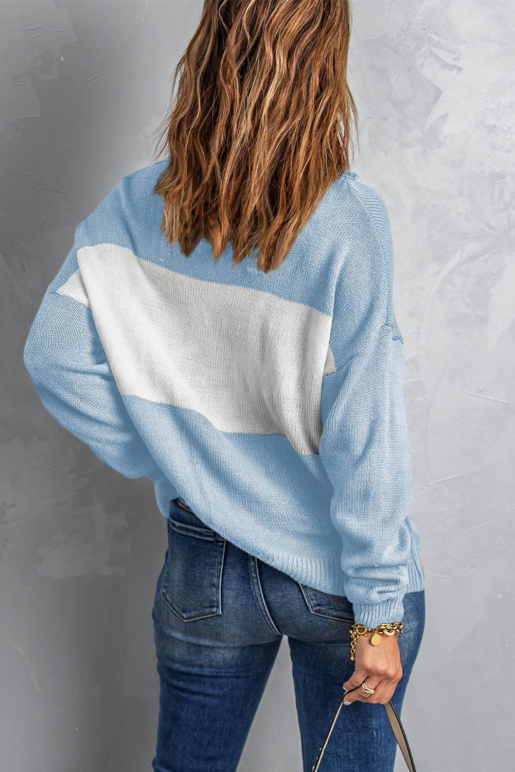 Blue Colorblock Turtleneck Loose Knitted Sweater