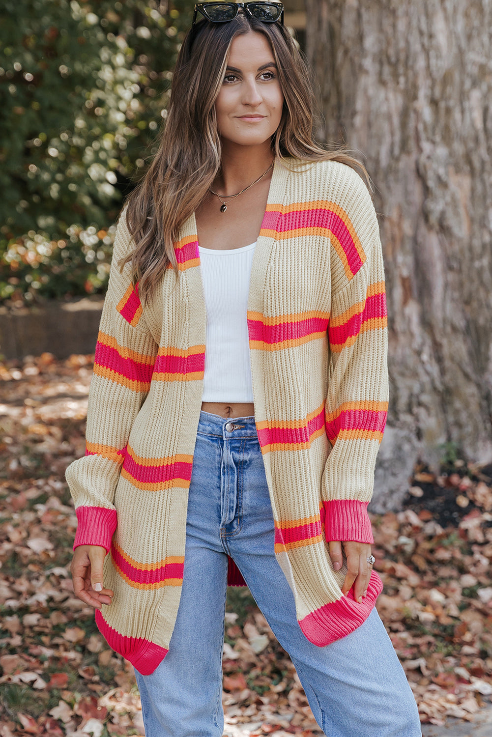 Stripe Printed Ribbed Long Knitted Cardigan