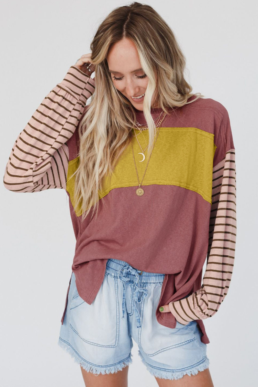 Fiery Red Colorblock Striped Bishop Sleeve Top