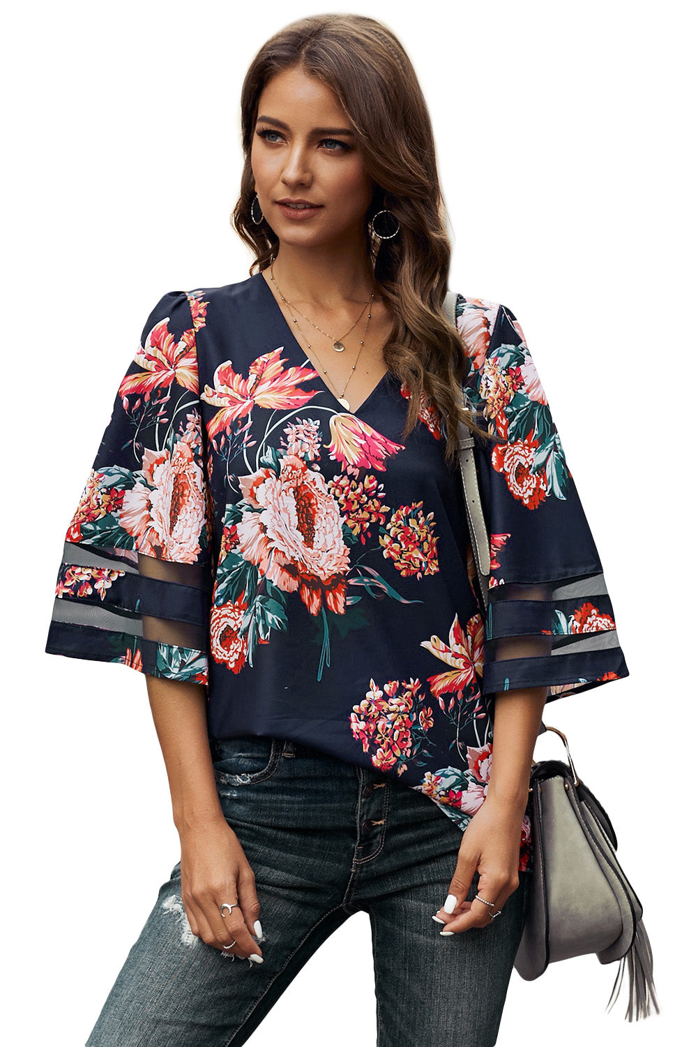 Fiery Red 3/4 Flared Sleeve Floral Blouse