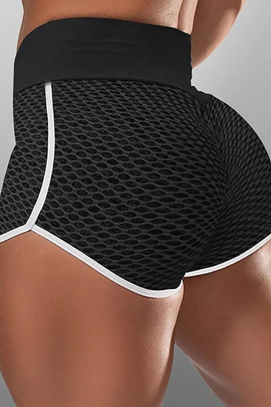 Black High Waist Honeycomb Contrast Stripes Butt Lifting Yoga Shorts