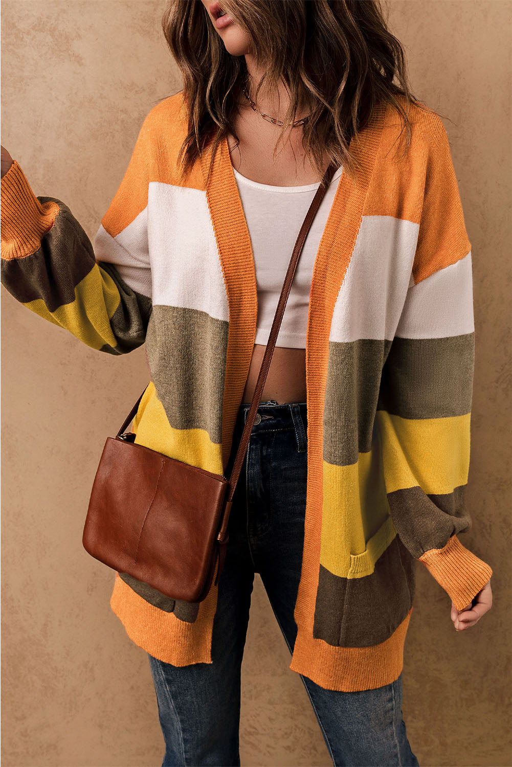 Open Front Pocketed Colorblock Cardigan