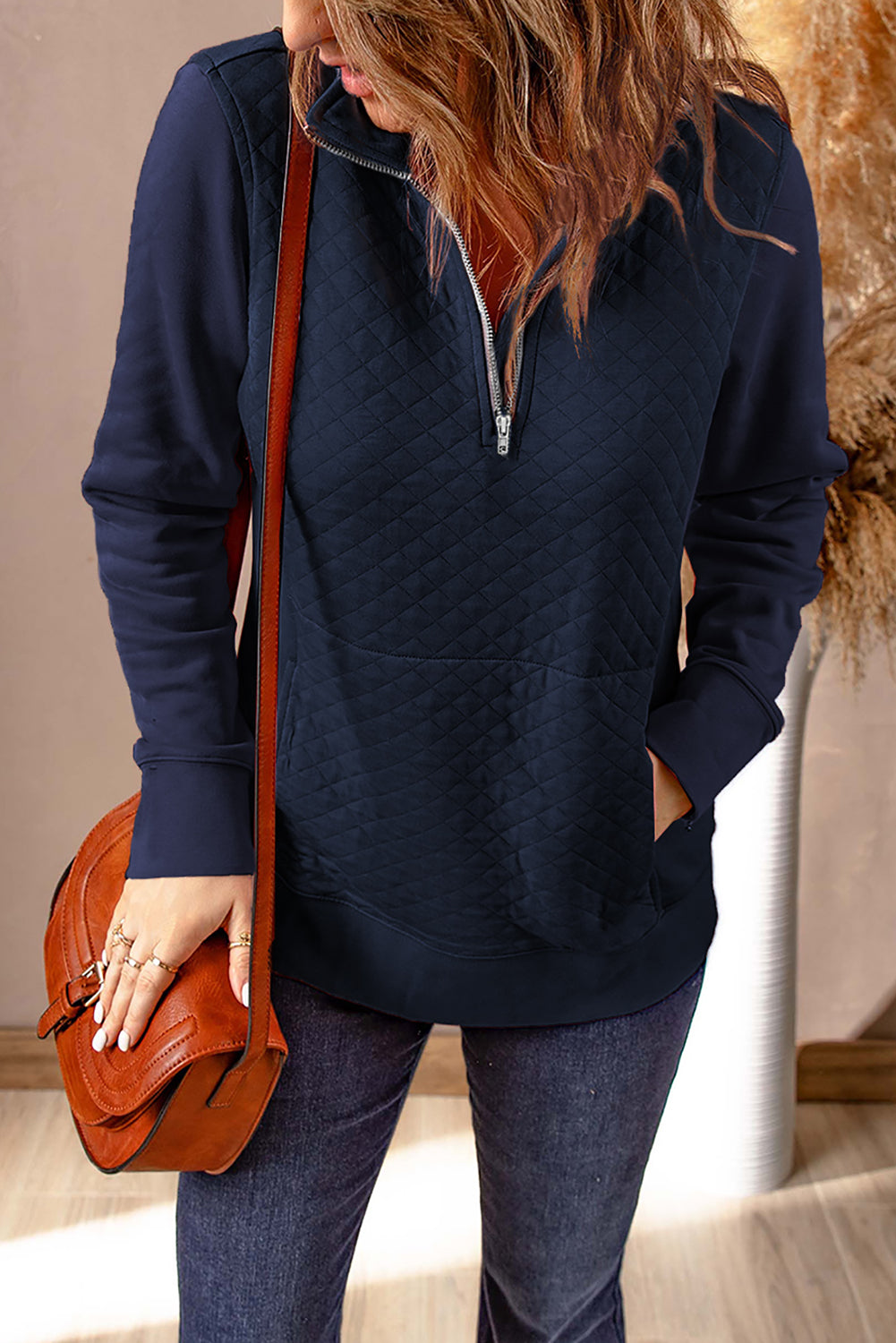 Navy Stand Neck Waffle Zip up Sweatshirt