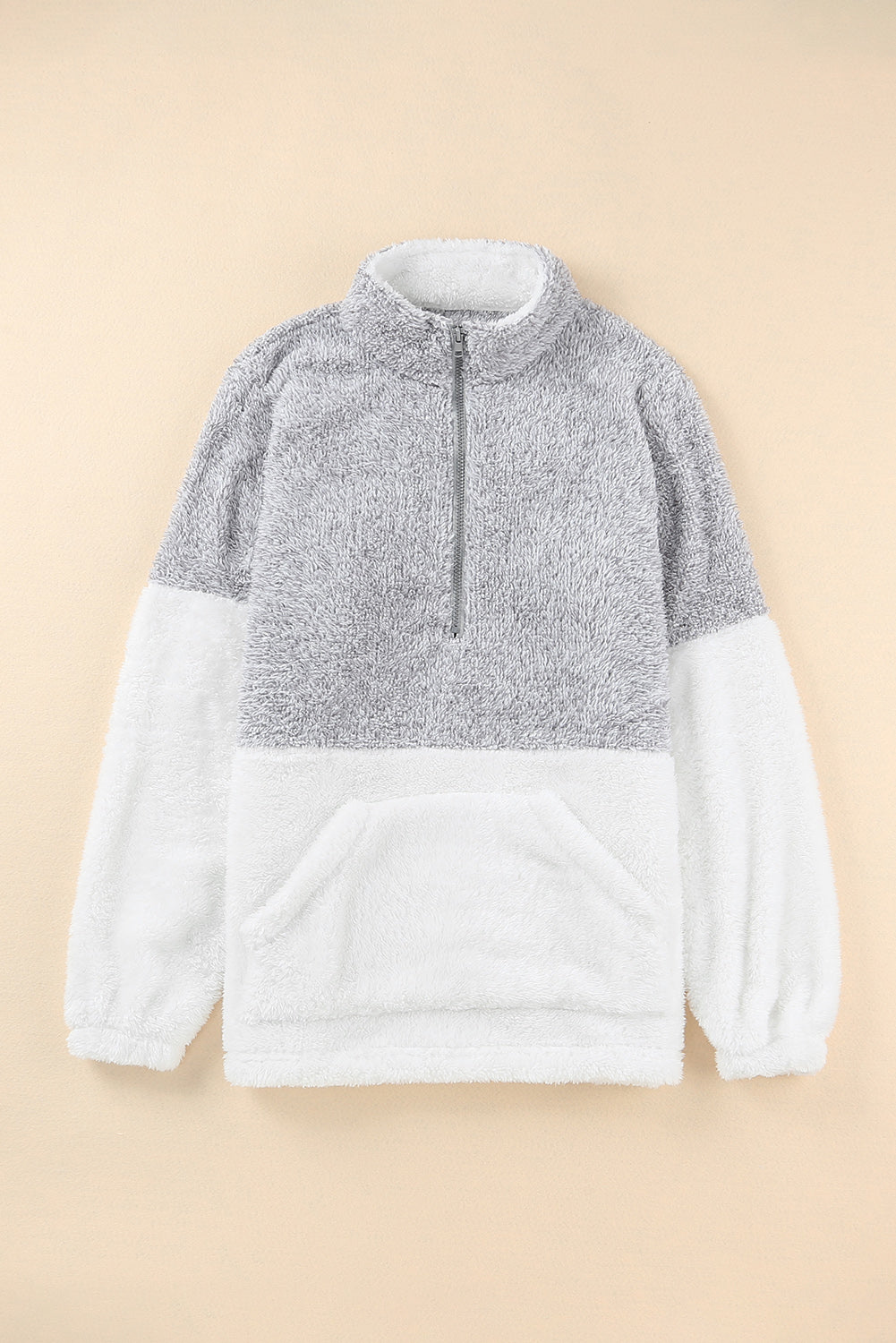 Grey Zip Neck Oversize Fluffy Fleece Pullover