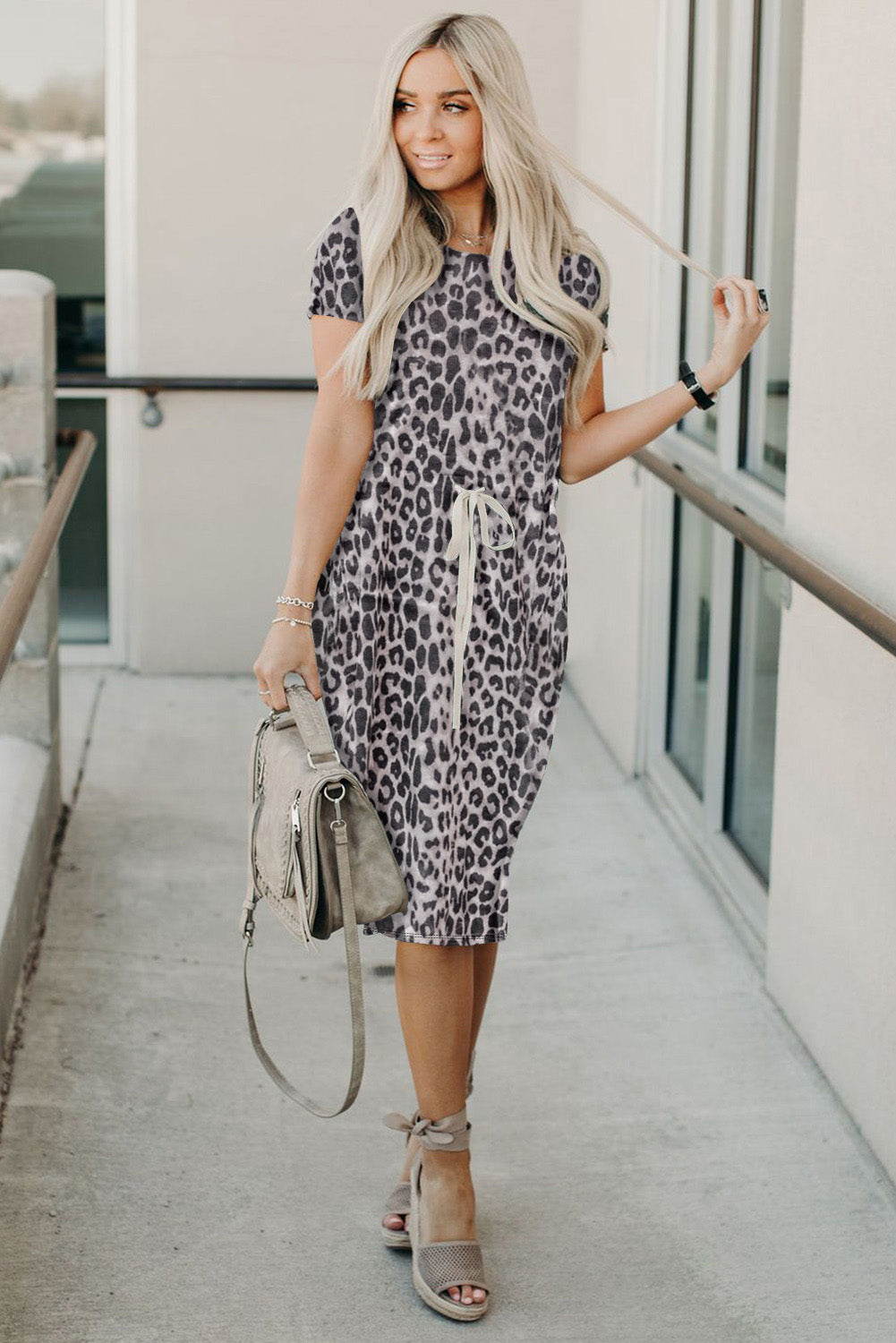Leopard Short Sleeve Pocketed Drawstring Casual Dress