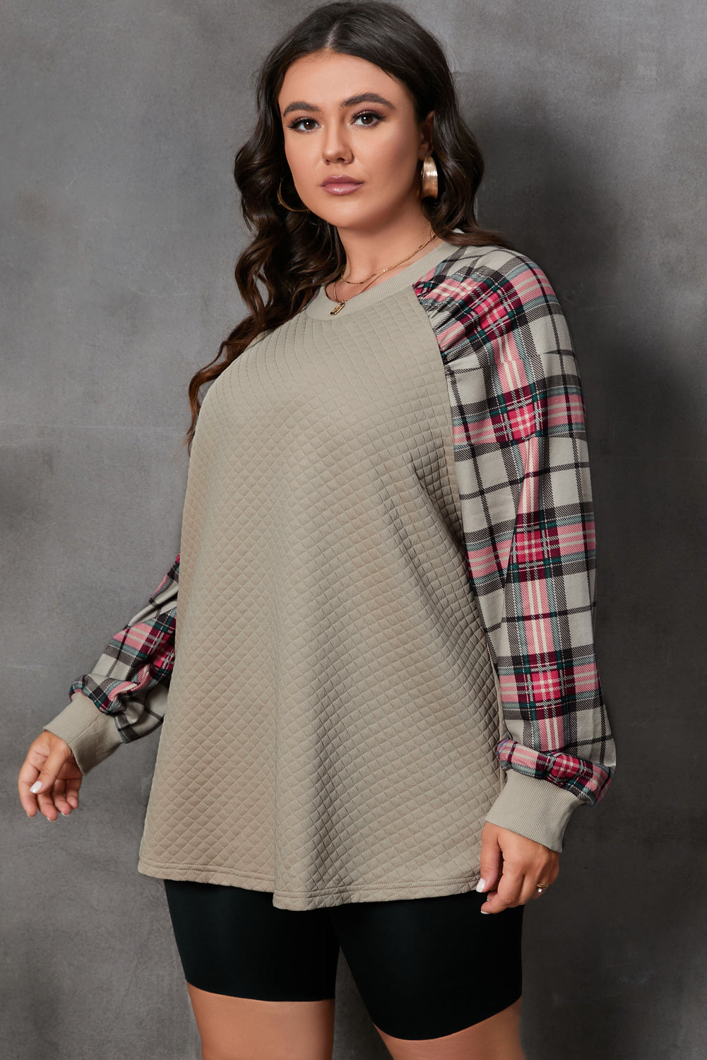 Apricot Plus Size Plaid Raglan Sleeve Crew Neck Sweatshirt