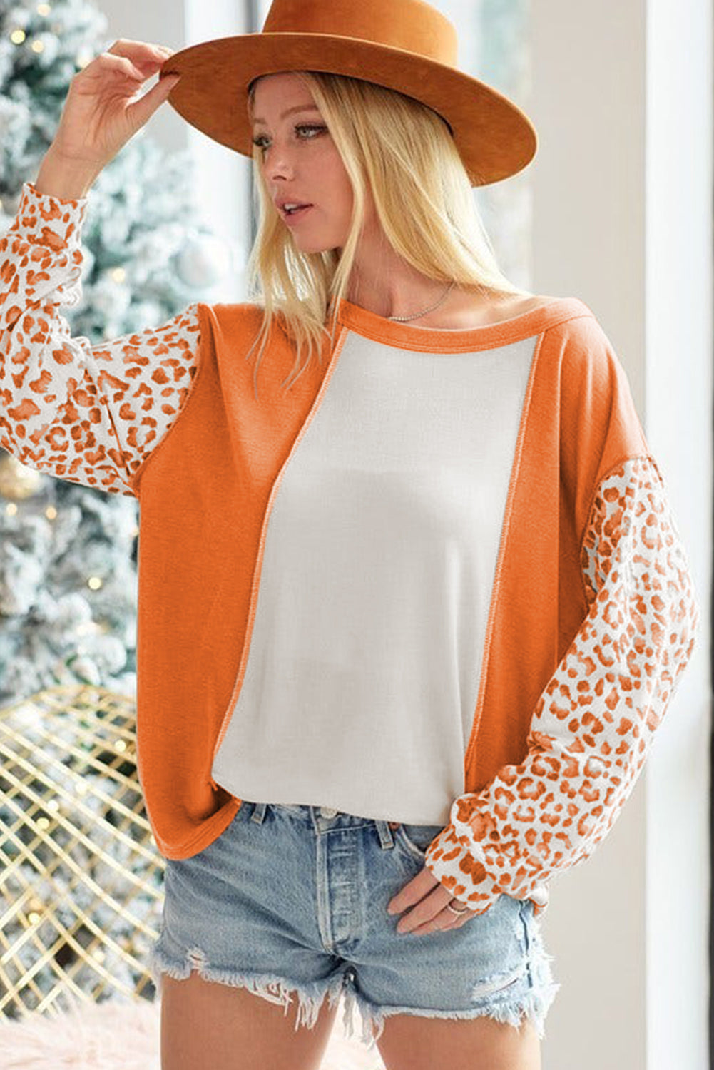 Orange Colorblock Leopard Sleeve Patchwork Top