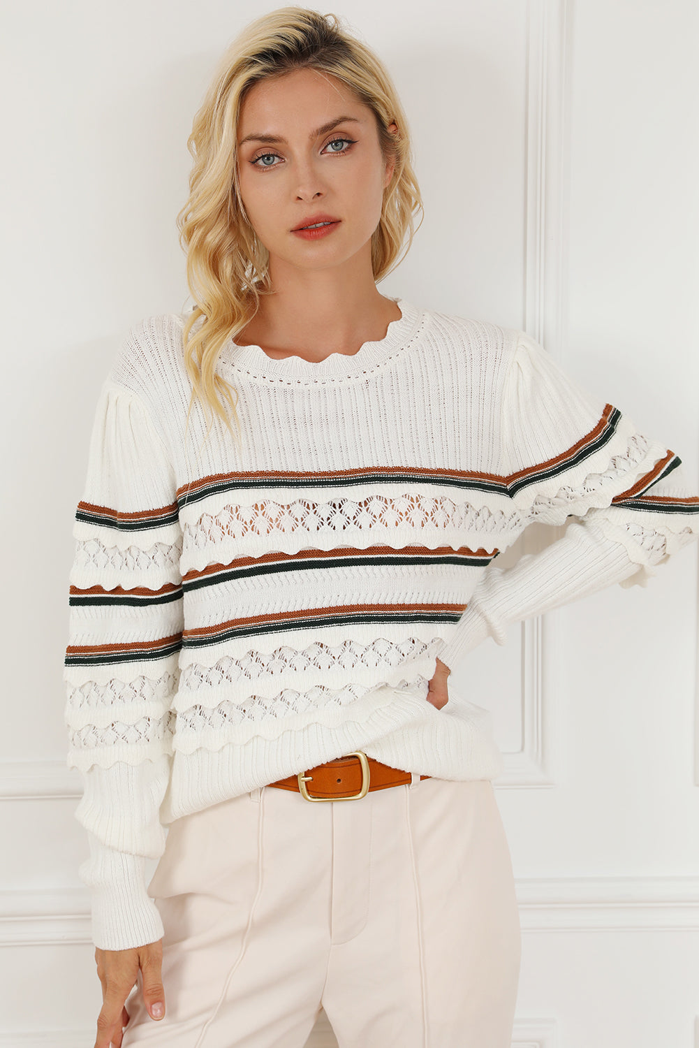 White Striped Ribbed Scalloped Detail Knit Sweater