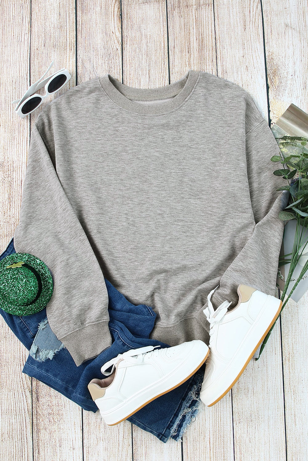 Gray Plain Crew Neck Pullover Sweatshirt