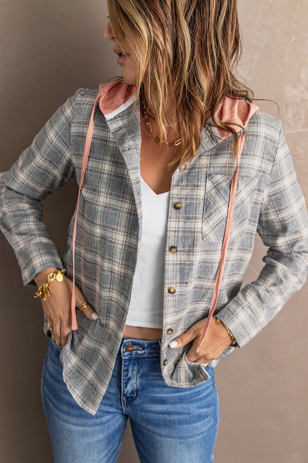 Khaki Drawstring Plaid Hooded Shacket