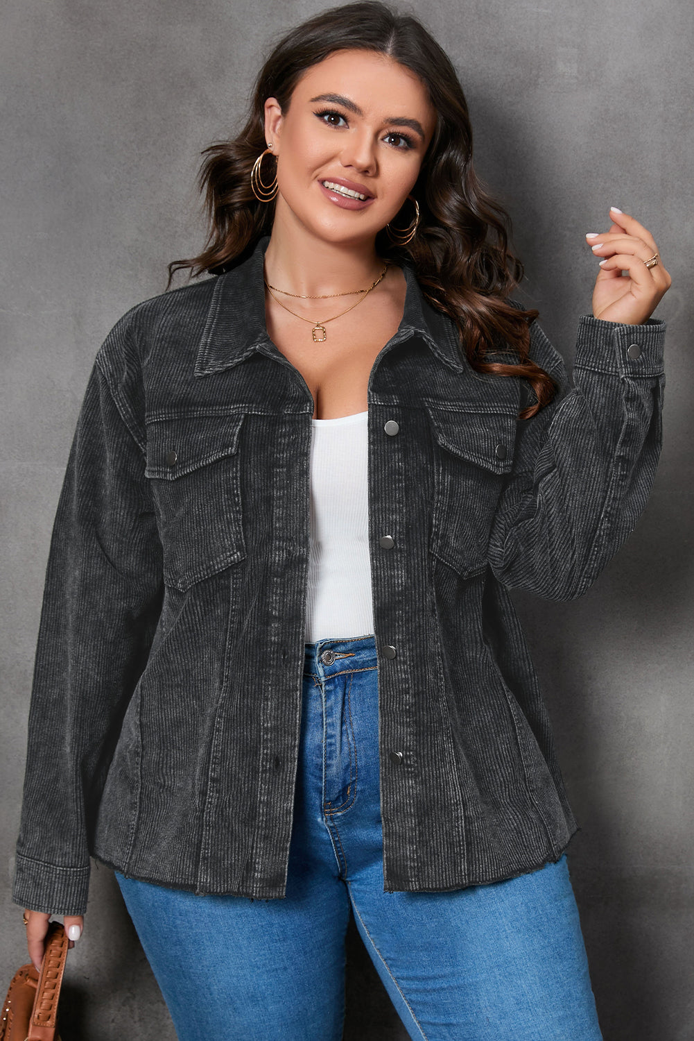 Gray Plus Size Flap Pocket Raw Edge Corduroy Jacket