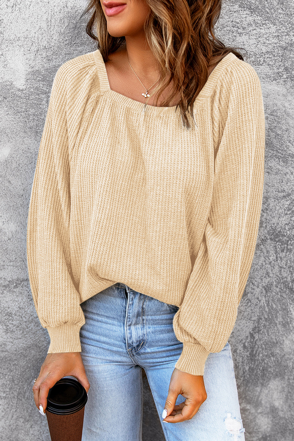 Apricot Scoop Neck Puff Sleeve Waffle Knit Top